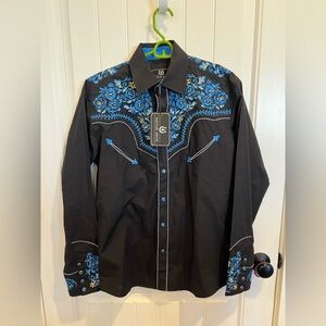 Salvaje Oeste Black Western Shirt with Blue Embroidery blue snap closure S